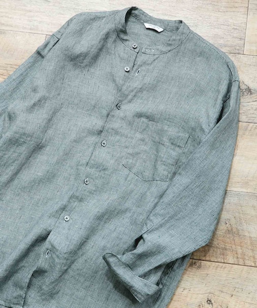 シルケットリネン バンドカラーロングスリーブシャツ