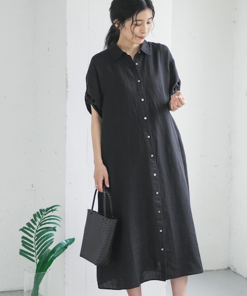 リネン半袖シャツワンピース
