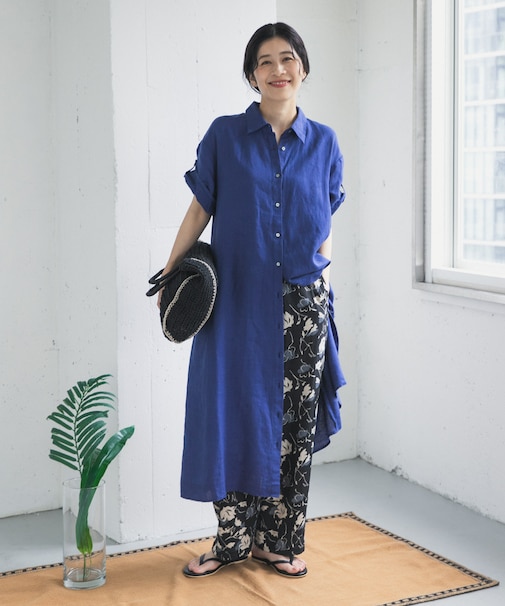 リネン半袖シャツワンピース