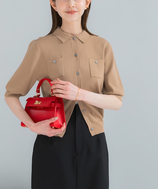 襟付コンパクト5分袖カーディガン