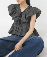 フロントホックチェックフリルブラウス