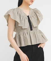 フロントホックチェックフリルブラウス