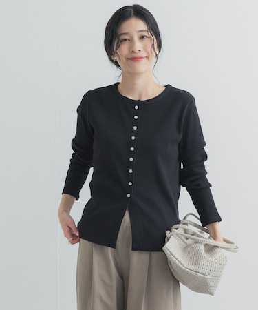 リブボタンカットカーディガン