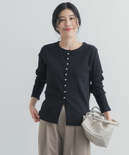 リブボタンカットカーディガン