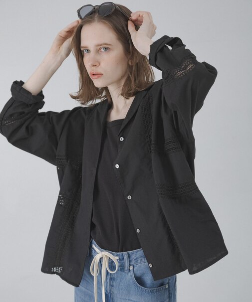 ブロッキングレースコットンシャツジャケット