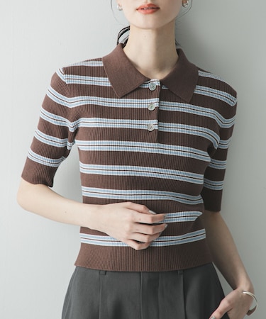 コットンシルクハーフスリーブポロ衿ニット