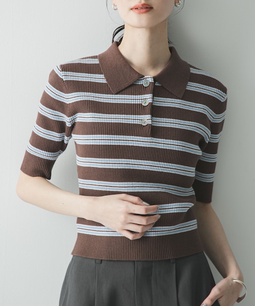 コットンシルクハーフスリーブポロ衿ニット