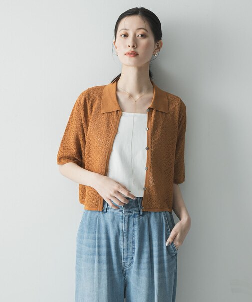 シャツカラーレースニット