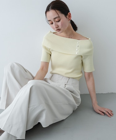 『洗濯可』メタルボタンオフショルリブセーター