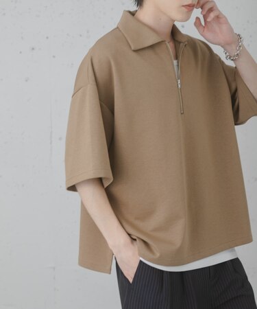 ダンボールポンチハーフジップショートスリーブTシャツ