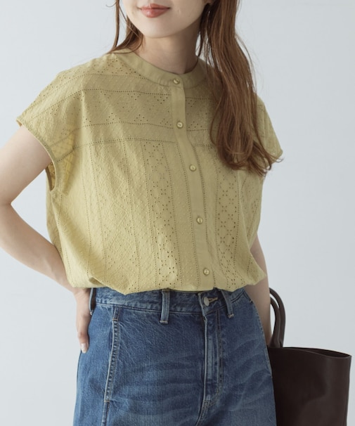 バンドカラーコットンレースシャツ