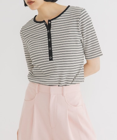 ワッフルボーダーヘンリネックTEE