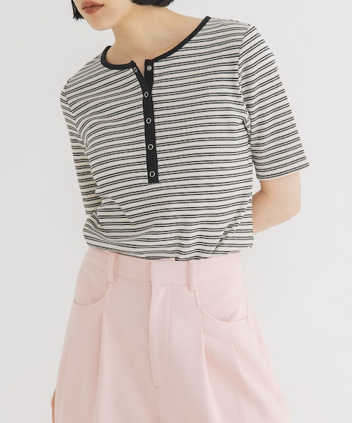 ワッフルボーダーヘンリネックTEE