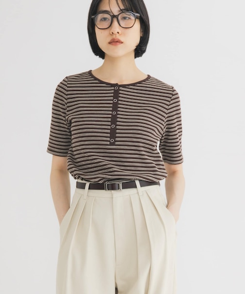ワッフルボーダーヘンリネックTEE