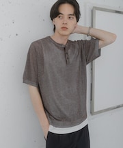 『洗濯可』リネンタッチメッシュヘンリーニット