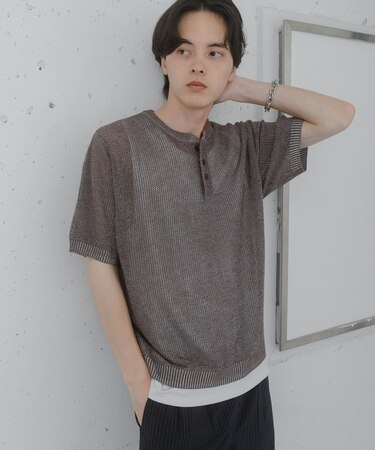 『洗濯可』リネンタッチメッシュヘンリーニット