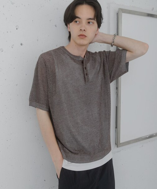 『洗濯可』リネンタッチメッシュヘンリーニット