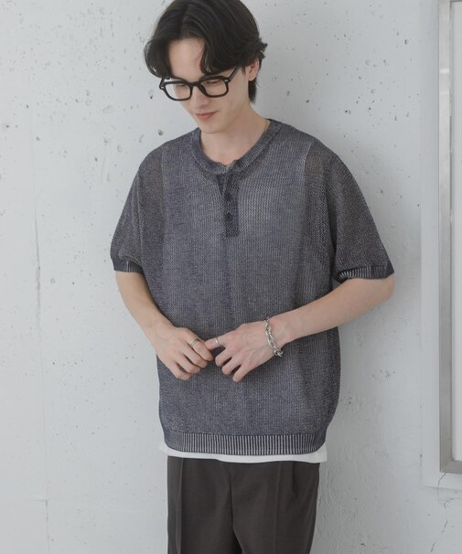 『洗濯可』リネンタッチメッシュヘンリーニット