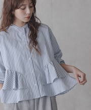 『WEB限定』バンドカラーフリルストライプシャツ