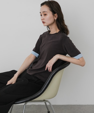 『洗濯可』バイカラーロールスリーブニットTシャツ