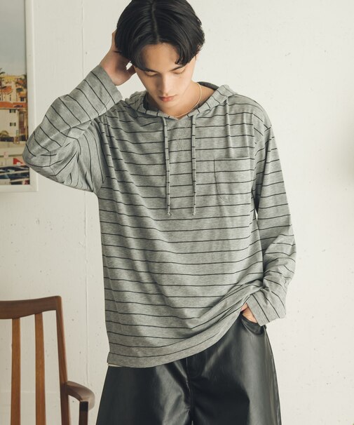 ボーダーフーディーロングTシャツ
