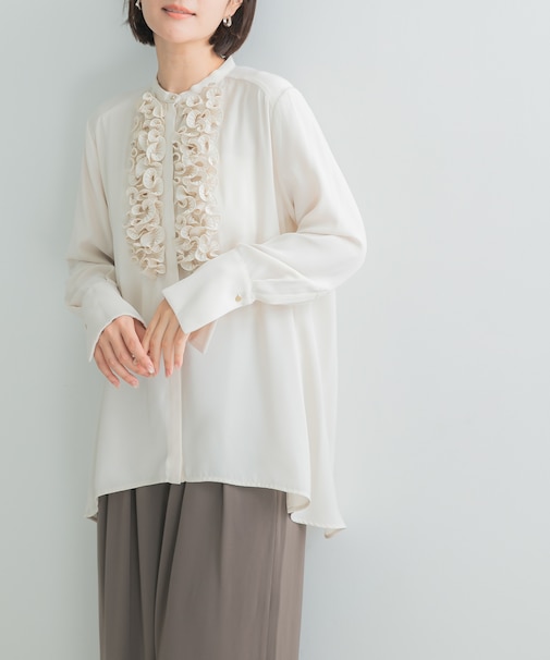 MARILYN MOON CRYSTAL PLEATS SATIN SHIRTS