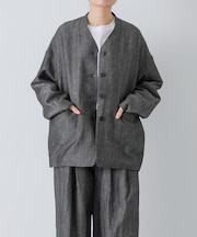 ウールリネンノーカラージャケット
