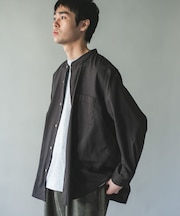 ウール混ミニヘリンボーンワイドバンドシャツ