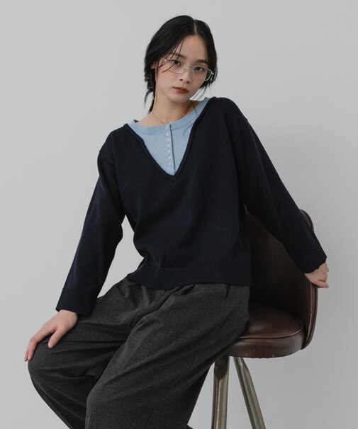 『洗濯可』ダブルネックレイヤードヘンリーネックセーター