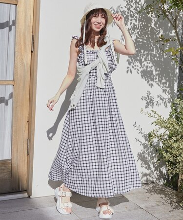 フリルショルダーレースアップワンピ