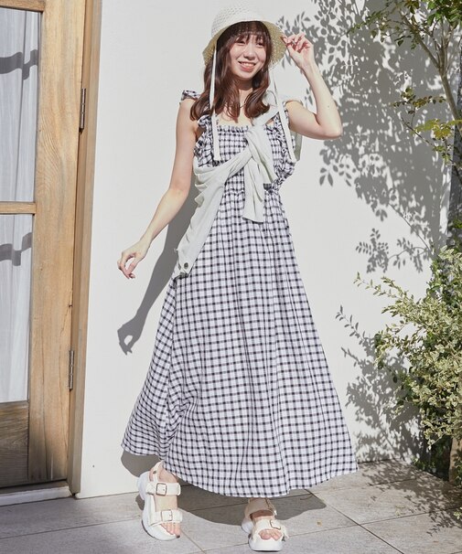 フリルショルダーレースアップワンピ