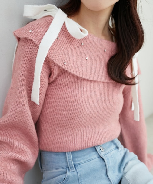 ビジューオフショルニット