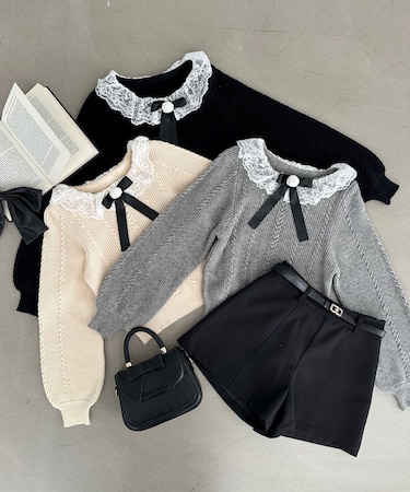 リボンブローチ付レース襟ニット