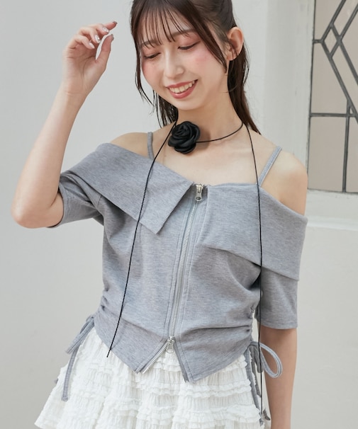 ◎オフショルダブルジップトップス