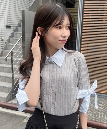 袖リボンシャツドッキングカーデ