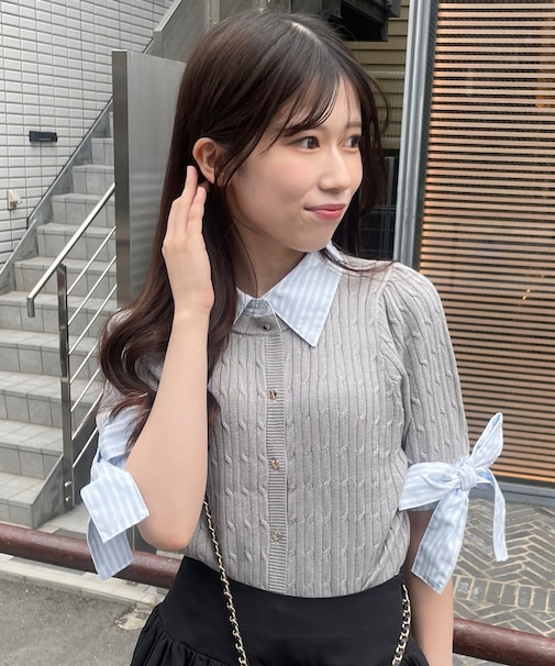 袖リボンシャツドッキングカーデ