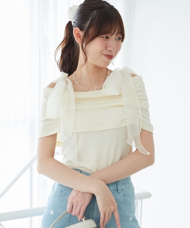 肩リボンオフショルカットトップス
