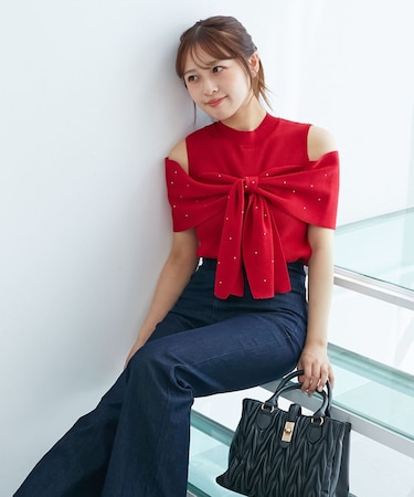 パールチェーンビジューリボンニット