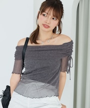 ∞ラメチュールオフショル半袖トップス