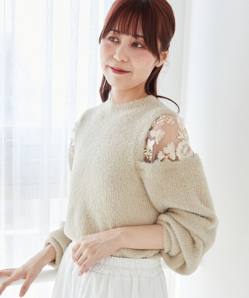 ショルダーレースシャギーニット