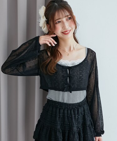 透かしリボンニット×キャミセット