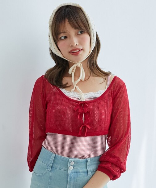 透かしリボンニット×キャミセット