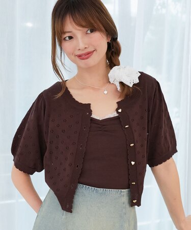 キャミセットフラワーアイレットクルーカーデ