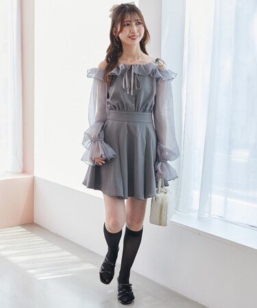 袖異素材ミニワンピース
