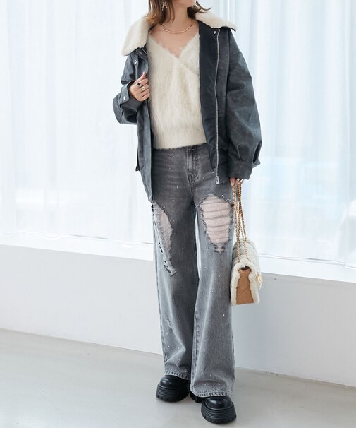 キラキラレースダメージデニム