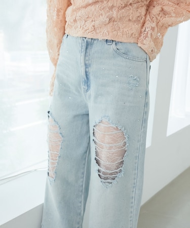 キラキラレースダメージデニム