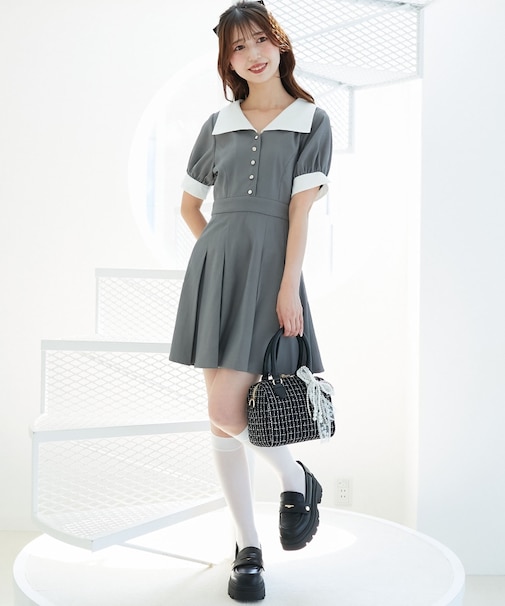 衿配色ミニワンピース