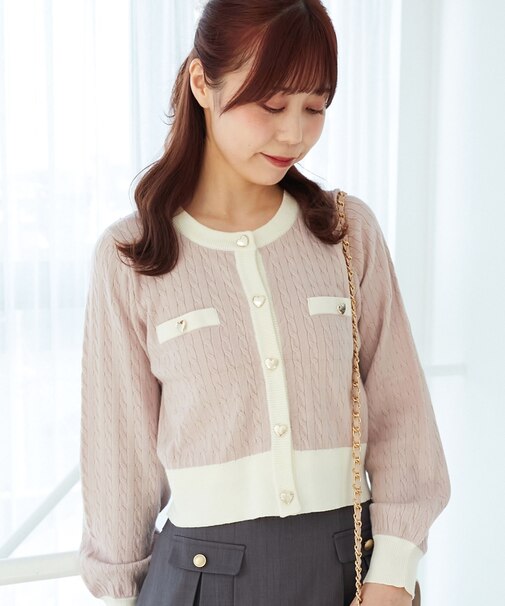 バイカラーケーブルニットカーデ