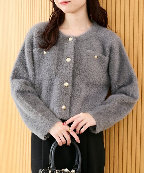 ポケット付きフェザークルーカーデ