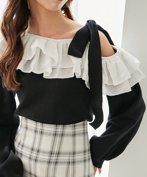 フリルワンショル肩リボンニット